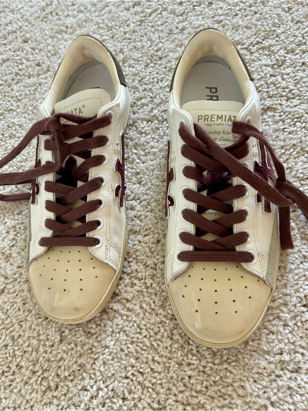 Premiata White and Brown Leather Athletic Sneakers